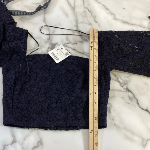 Zara Crop Top Womens‎ Size Small Navy Blue Lace Floral Smocked Square Neckline - Picture 8 of 8